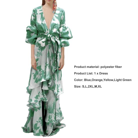 Long Dress Deep V Neck Lace-up Tight Waist Flowy Splicing Irregular Hem Ruffle