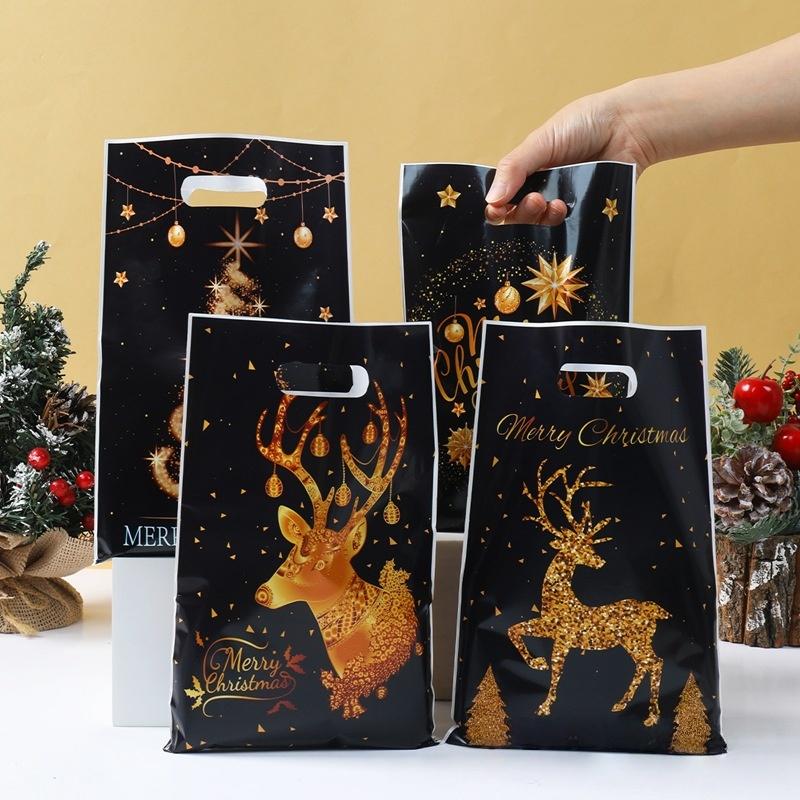 10/25/50Pcs Mixed Golden Elk Christmas Series Party Gift Tote Bag Opp Glitter Gift Bag Candy Bag Plastic Gift Return Bag