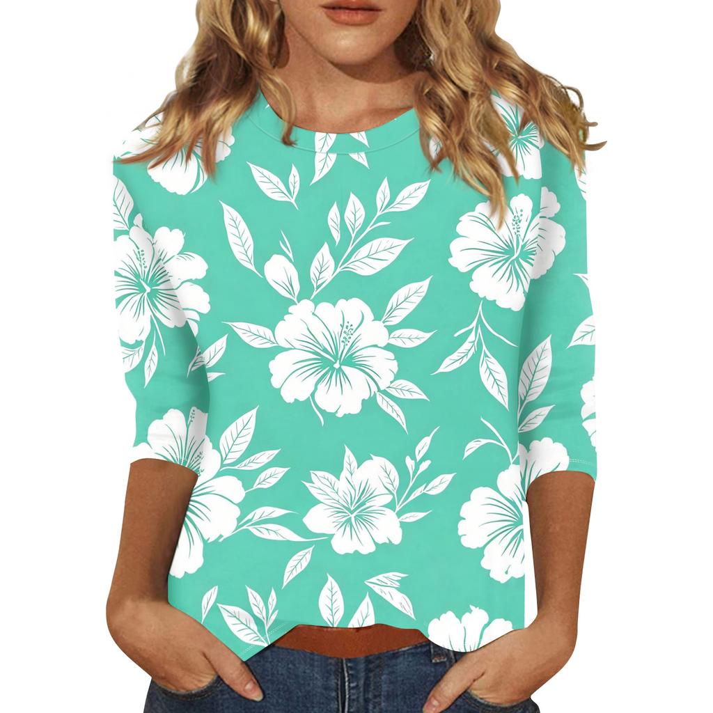 Damen Freizeit Oberteil mit Blumendruck, Dreiviertelärmel, Rundhalsausschnitt, Leicht, Bequeme Passform, Stilvolles Design, Geeignet für den Alltag
