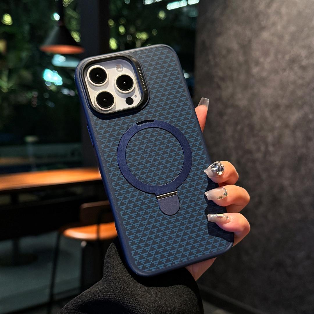 

Luxury Magnetic Metal Ring Stand Case For iPhone 17 Air 16 15 Pro Max Back Cover Skin-Friendly Triangle Texture iPhone 15 темно-синий