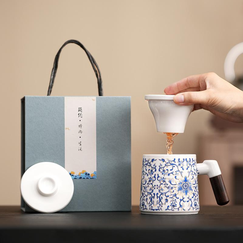 Light luxury company gifts suet jade twisted lotus ceramic mug with lid office teacup gift