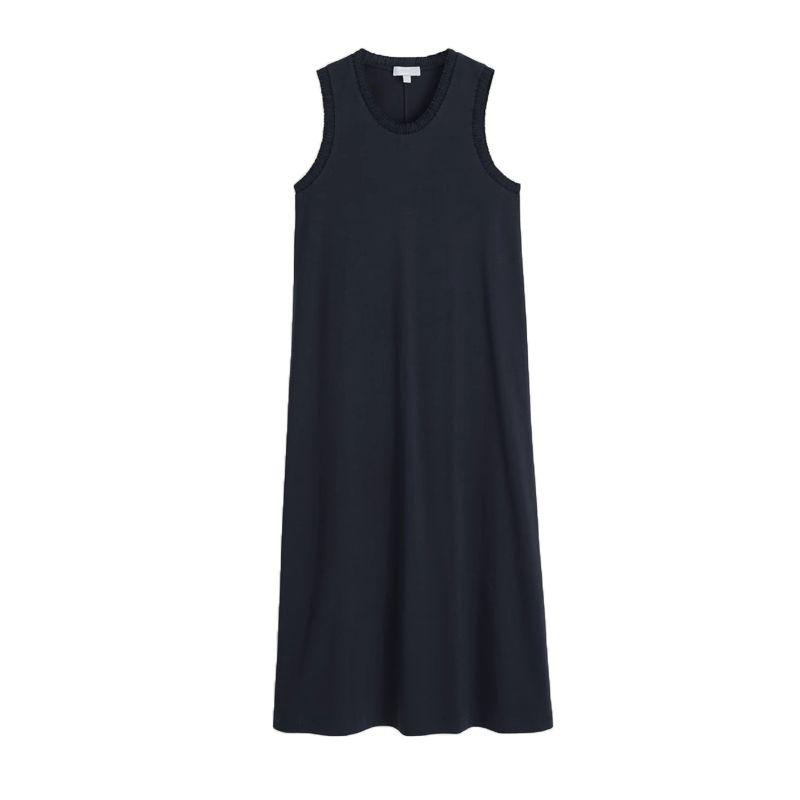 

CS Summer Women s Clothing Minimalist Style A- Style Hemline Standard Edition Cotton Pleated Long Dress 1277142 Navy blue L