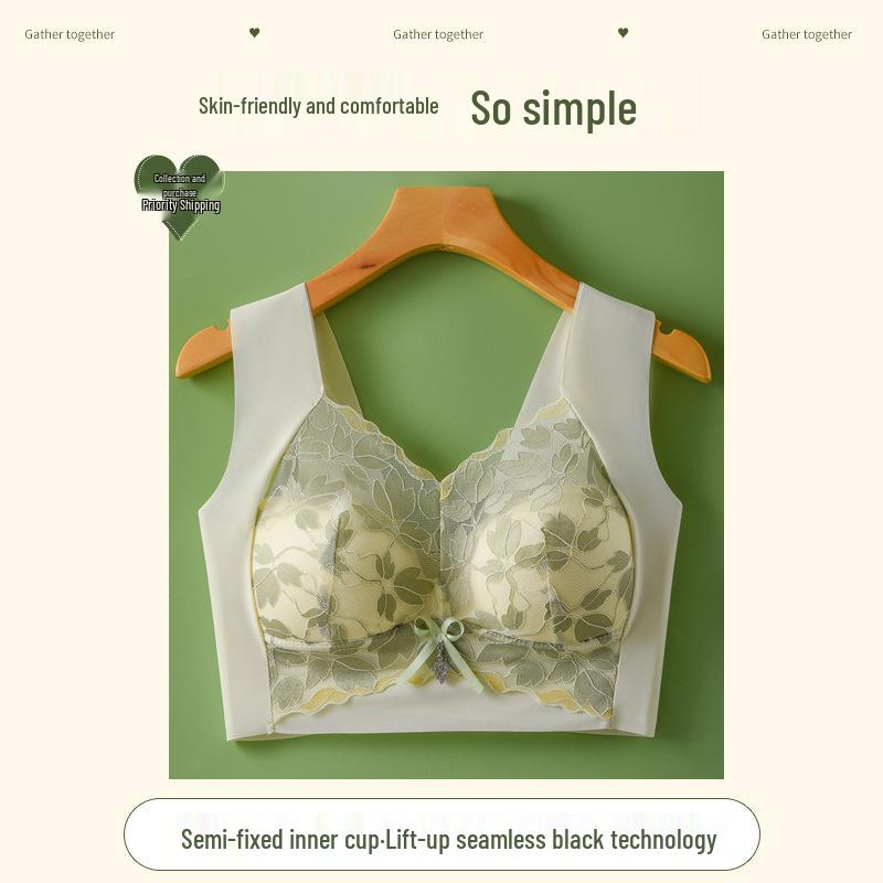 Plus Size Lace Seamless Wire-Free Bra: Side Support Anti-Sagging, Fixed Cups, Minimizing Effect for Large Busts