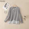 ZANZEA Women Casual V Neck Long Sleeve Lace Splice Blouse