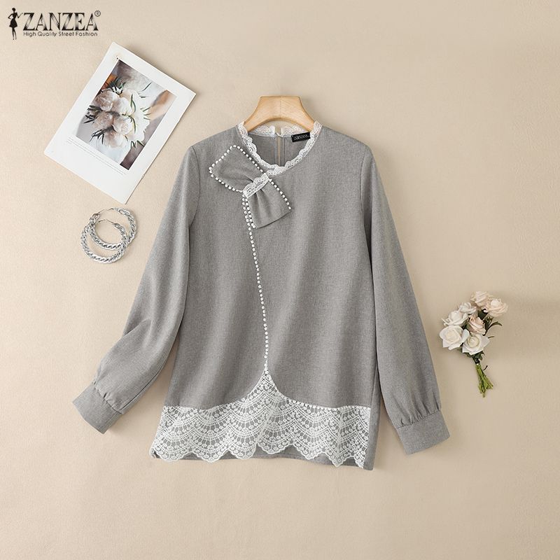 ZANZEA Women Casual V Neck Long Sleeve Lace Splice Blouse