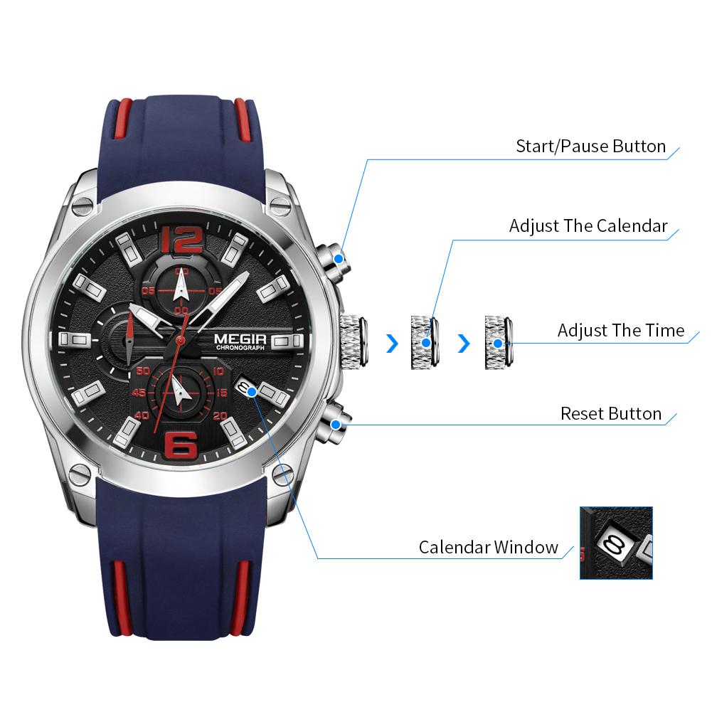 Megir Men's Analogue Sport Chronograph Luminous Quartz Watch with Fashion Silicone Strap 2063