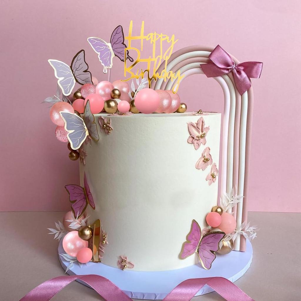 Happy Birthday Cake Topper Butterfly Balls Cake Decorations for Baby Shower Wedding Birthday Boho Party Supplies