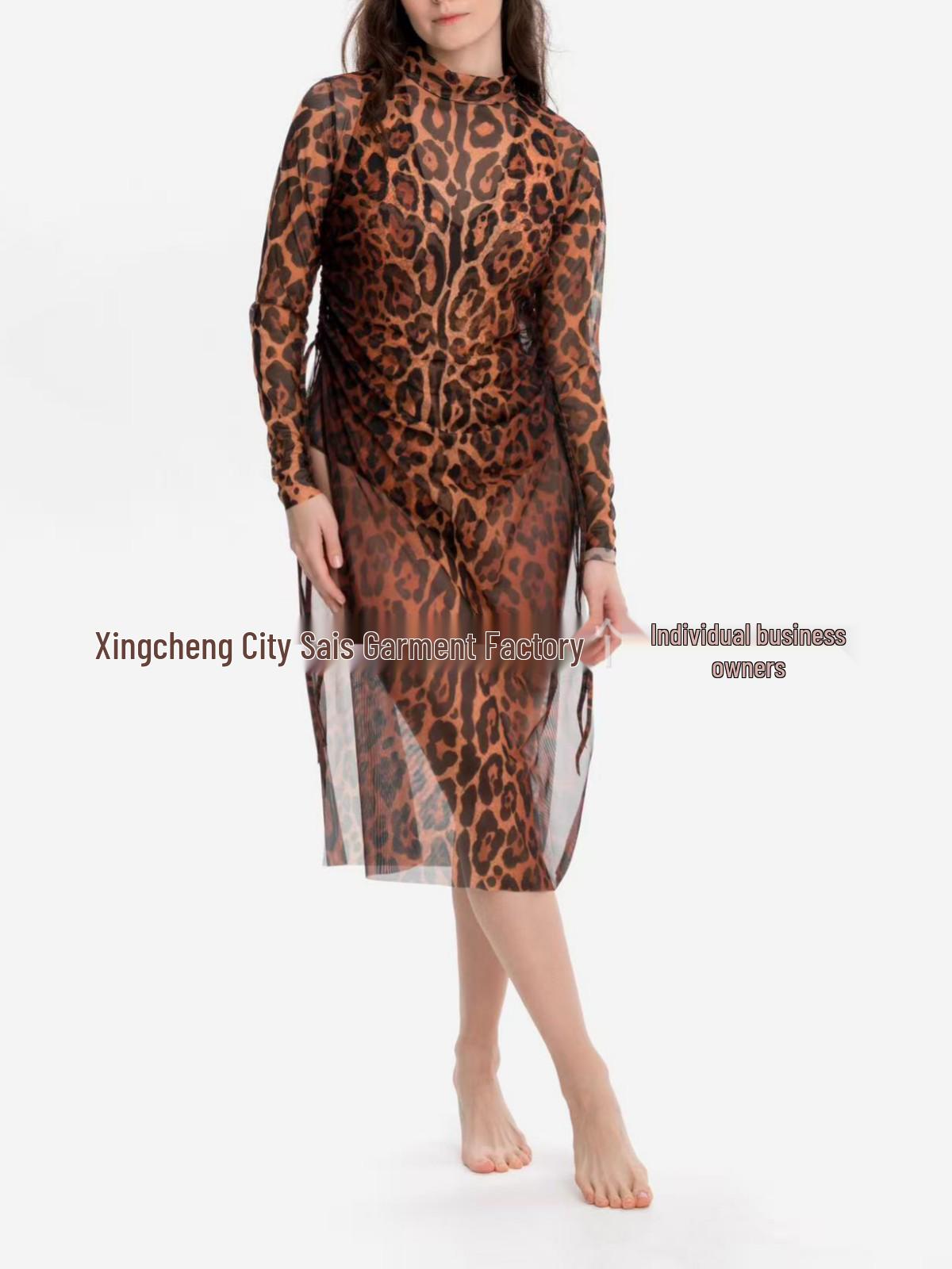 Leopard Print Two-Piece Swim Set: Long Sleeve Sun Protection Swimsuit with Mesh Skirt L цветной печати леопарда