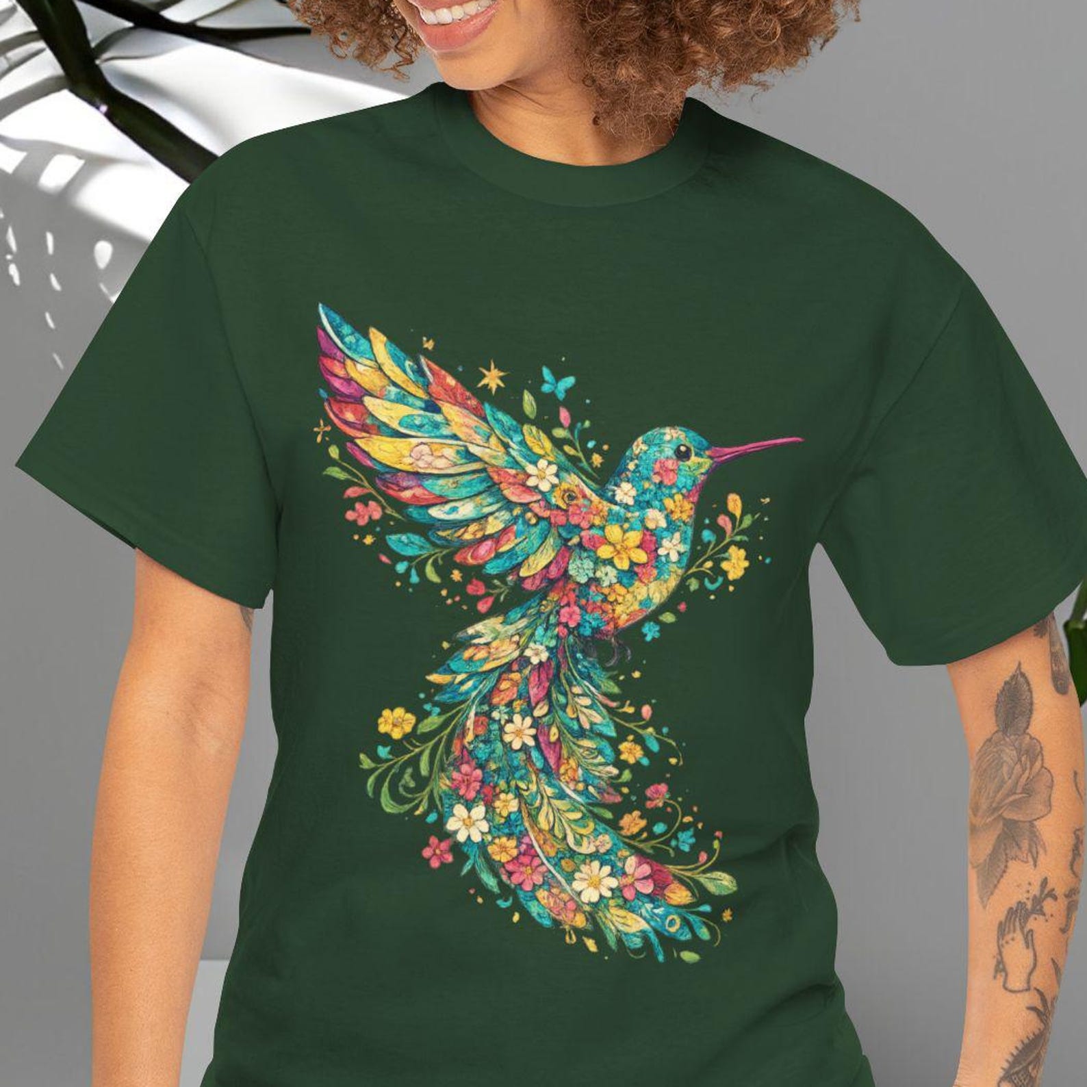 Colorful Hummingbird Shirt, Floral Hummingbird Shirt, Boho Bird Tee, Flower Garden Lover Gift, Nature Lover Tee, Watercolor Spring Bird Tee 3XL