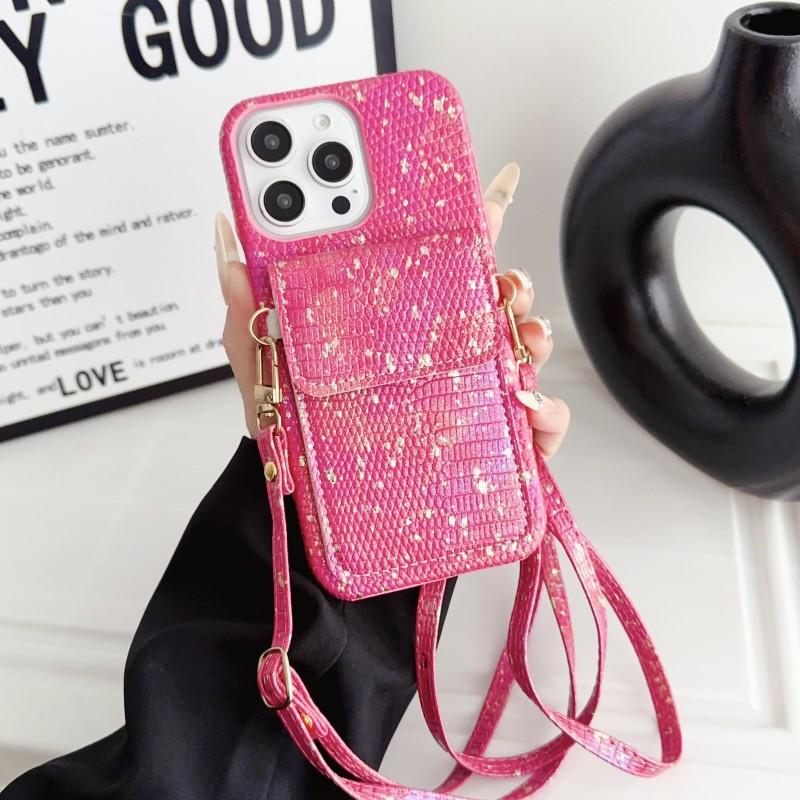

Wallet Lanyard Case for iPhone 16 15 14 Pro Max 11 12 13 15 Pro X XR XS 7 8 Plus Bag Crossbody Strap Crystal Lizard Design Cover for iPhone15Pro Max