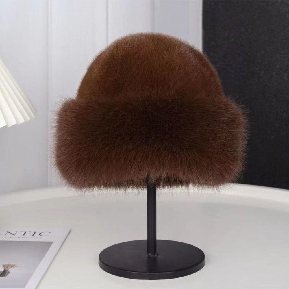 Warm Cap Plush Basin Cap Korean Style Solid Beanie Cute Faux Fur Mink Hat  Winter