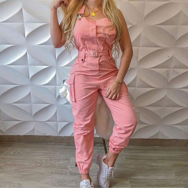 Autumn Women's Clothing Bodysuit Jumpsuit Simple Zipper Cargo High Waisted Conjoined Body Pants Sleeveless Strap Trousers