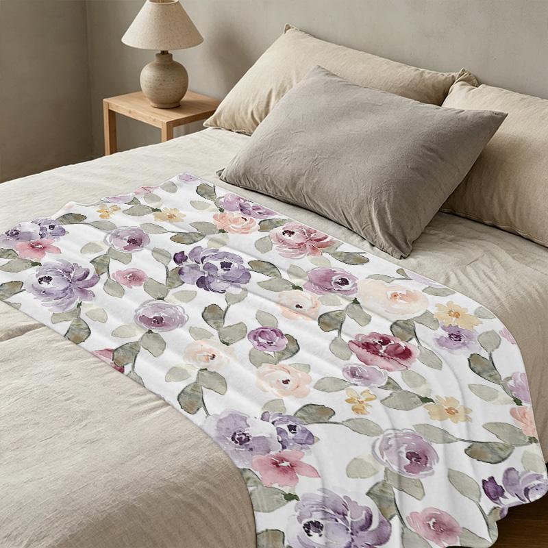 Non-Shedding Flannel Fleece Throw Blanket, Soft Cozy Watercolor Floral, Warm Home Blanket for Halloween Christmas, Couch Movie Nights