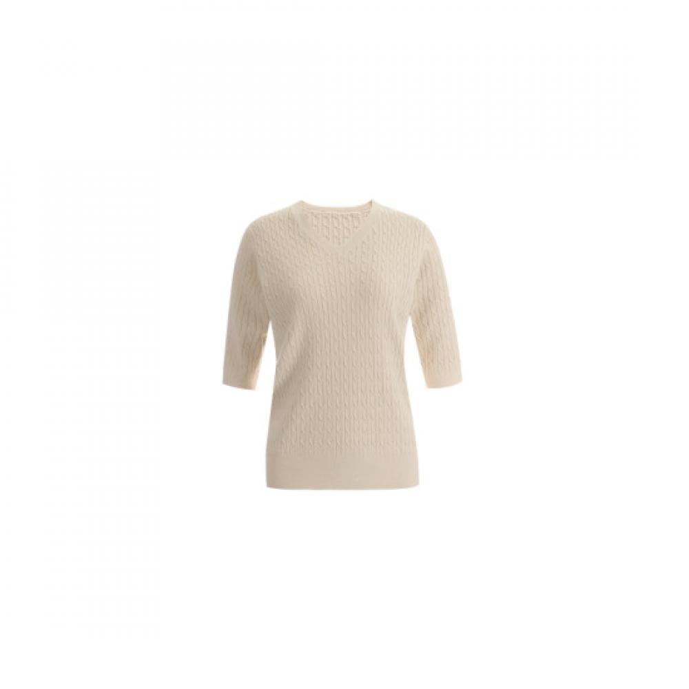 Shop Women V Neck Basic Cable Cashmere ShorT sleeVe KniT T shirT Beige Frb Wkn