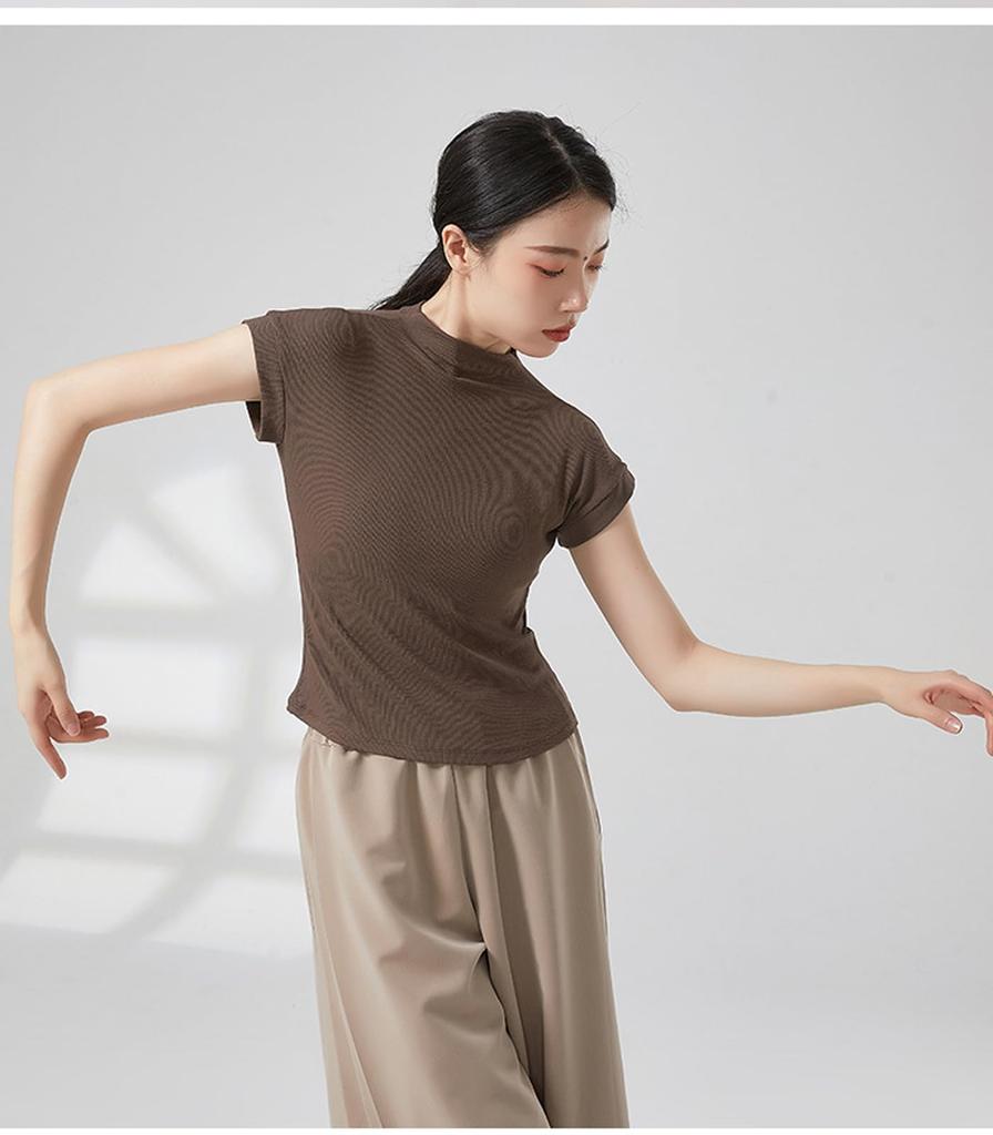 Yuoku Short Sleeve Ballet Blouse with High Stretch Top for Practice and Classical Ballroom Dance Costume High Women's Neck, Lessons, Dance, (Size L,