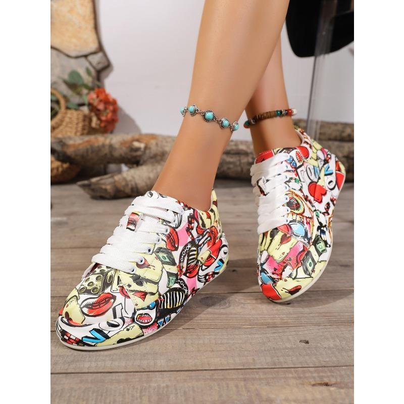 2025 New Arrival Oversized Sneakers with Colorful Letter Prints, Thick Soles, Lace-Up Round Toe, Sporty Style Women's Shoes