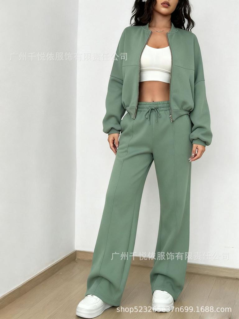 2024 Spring and Autumn Sweater Two-piece Women's Clothing European and American Cross-border Trend Fashion Casual Zipper Cardigan Trousers
