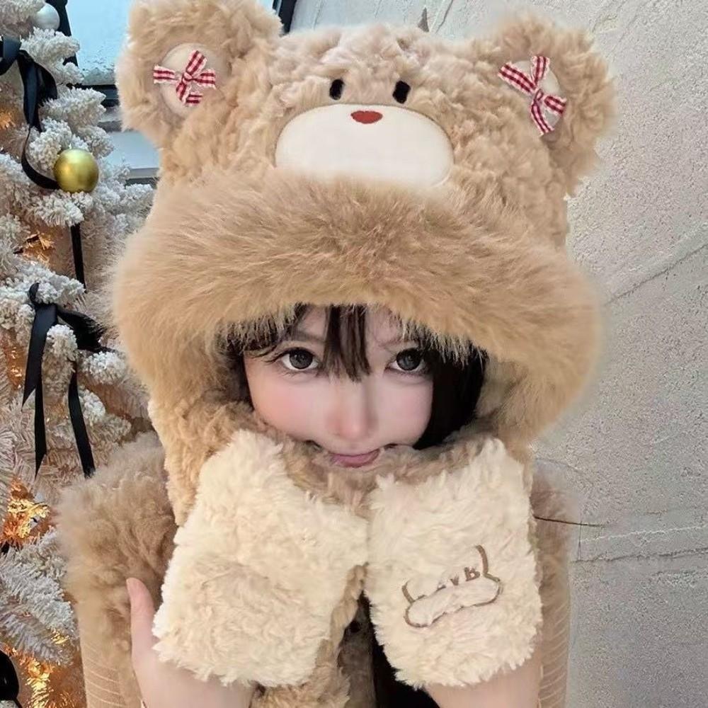 Windproof Gloves Scarf Hat 3-in-1 Winter Plush Scarf NEW Little Bear Hooded Scarf Autumn Winter