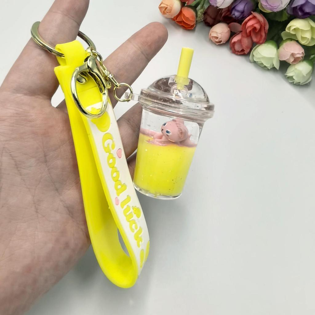 Exquisite Milk Tea Cup Keychain: Cute Oil-Filled Floating Charm for Bags or Claw Machine Gifts