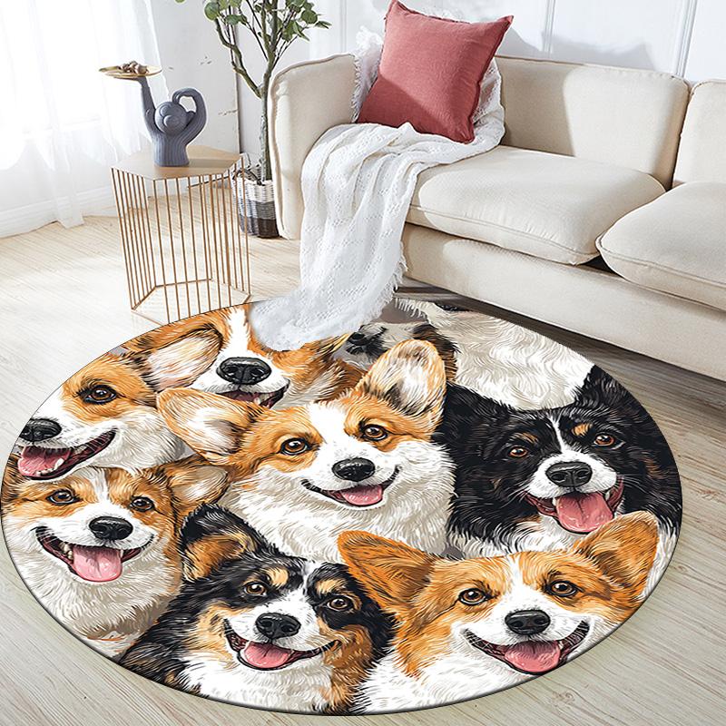 Corgi Round Area Rug,Carpet Rug for Living Room Bedroom Sofa Playroom Decor,Non-slip Floor Mat