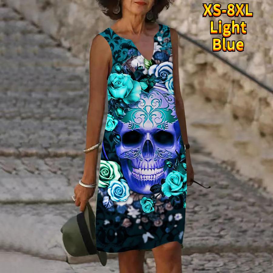 Women V Neck Summer Blue Skull Head Print Dress Casual Sleeveless Fashion Casual Loose Sexy Dresses Plus Size XS-8XL