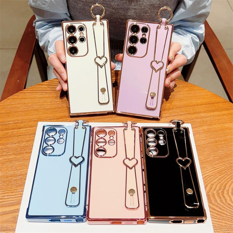 Electroplated TPU Wrist Strap Holder Back Case For Samsung Galaxy S25 S24 S23 S22 S21 Ultra + S20 FE Lens Protection Cover