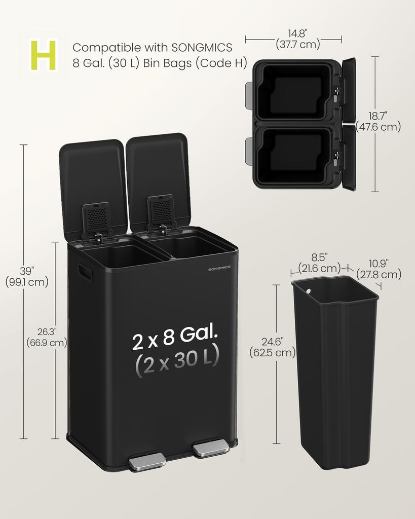 SONGMICS Kitchen Bin, 2 x 8 Gallon (2 x 30 L) Dual-Compartment Pedal Rubbish Bin with Soft-Close Lid and Inner Buckets, Steel, Includes 15 Liner Bags