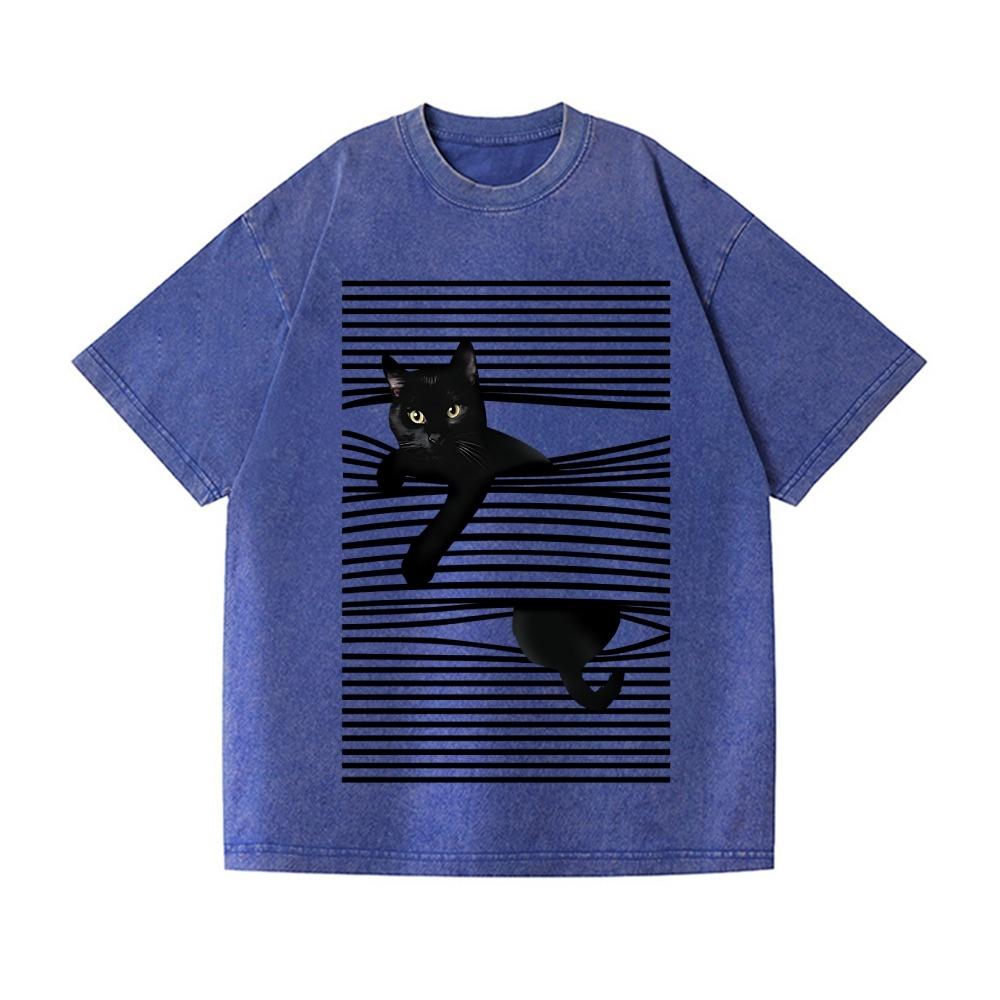 Fashion Black Cat Line Art Vintage Wash T-Shirt Japanese Style Holiday Unisex Funny Dropped Shoulder Sports Tees Casual