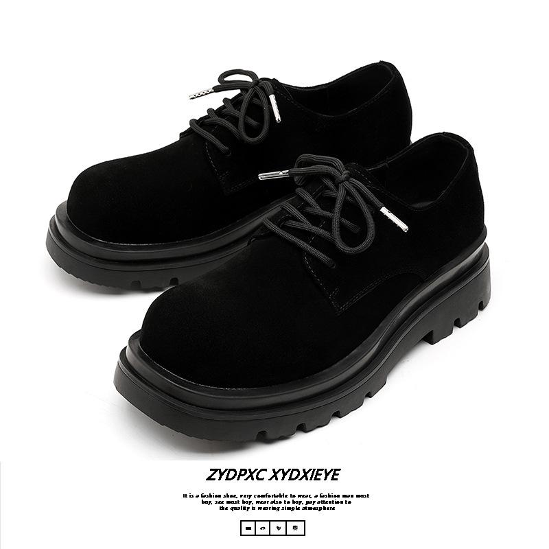 2024 brown flip fur round head derby shoes men's casual leather shoes platform big head shoes 24224-E