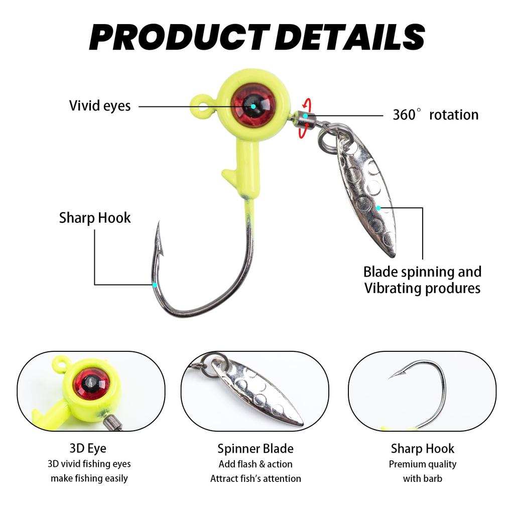 Goture Jig Head Spinners with 5 Ajing Fishing Jig Head Set Blades, 50-Piece Set, 1.75g, Colors, Lure,