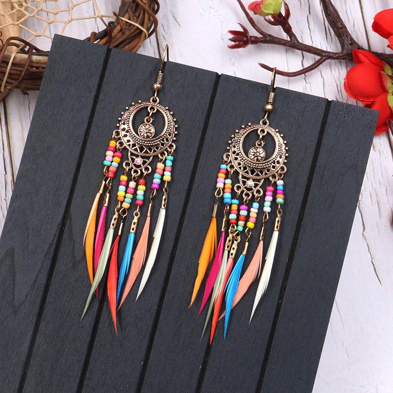 Bohemian Feather Earrings 2024 Ethnic Vintage Rainbow Colorful Beads Feather Tassle Earrings For Women Hawaiian Jewelry