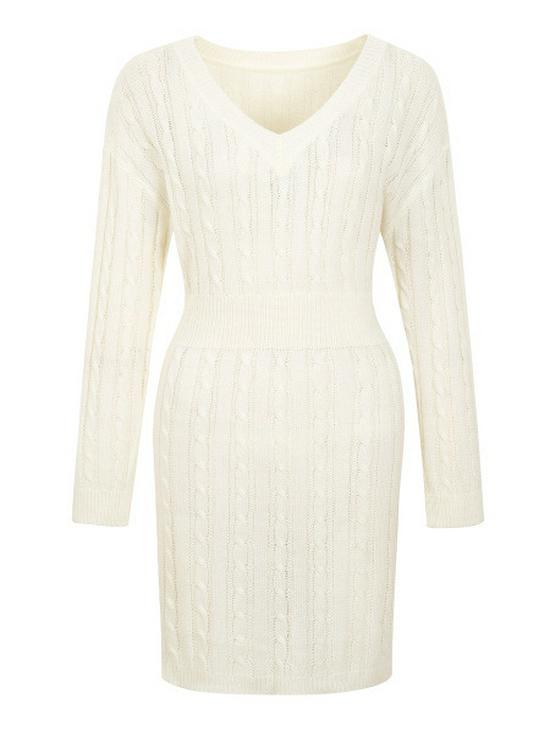 

Платье вязаное с длинным рукавом и V-образным вырезом в европейском и американском стиле - Сексуальное ажурное облегающее бодикон верхняя одежда 1XL кремовый