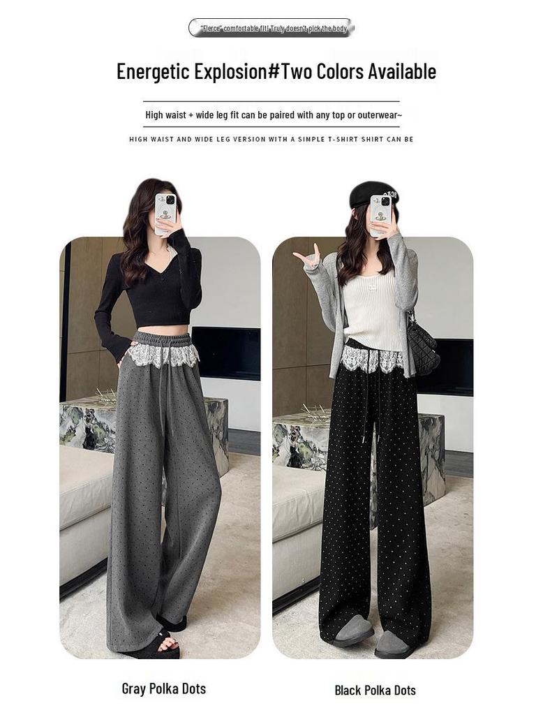 Women's High-Waist Black Polka Dot Lace Trim Wide-Leg Sporty Pants for Spring