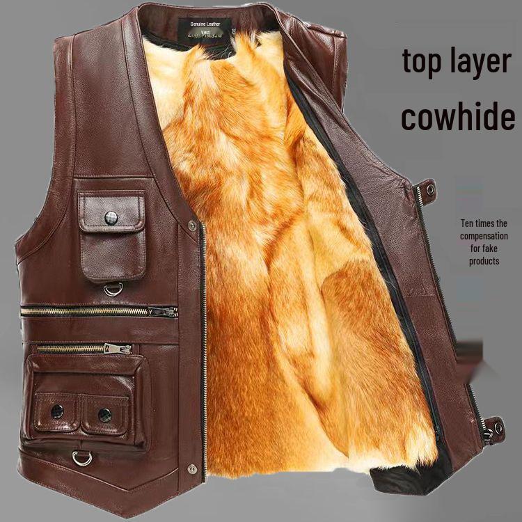 Herren Plus Size West aus echtem Rindsleder mit mehreren Taschen – Lässiges Gilet für Frühling, Herbst, Winter & Vaters Outfit