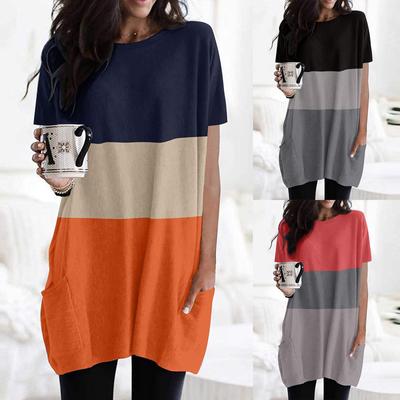 Women Casual Patchwork Pocket Long Loose Fit Tunic Top Comfortable Lightweight Soft Fabric Short Sleeve Blouse