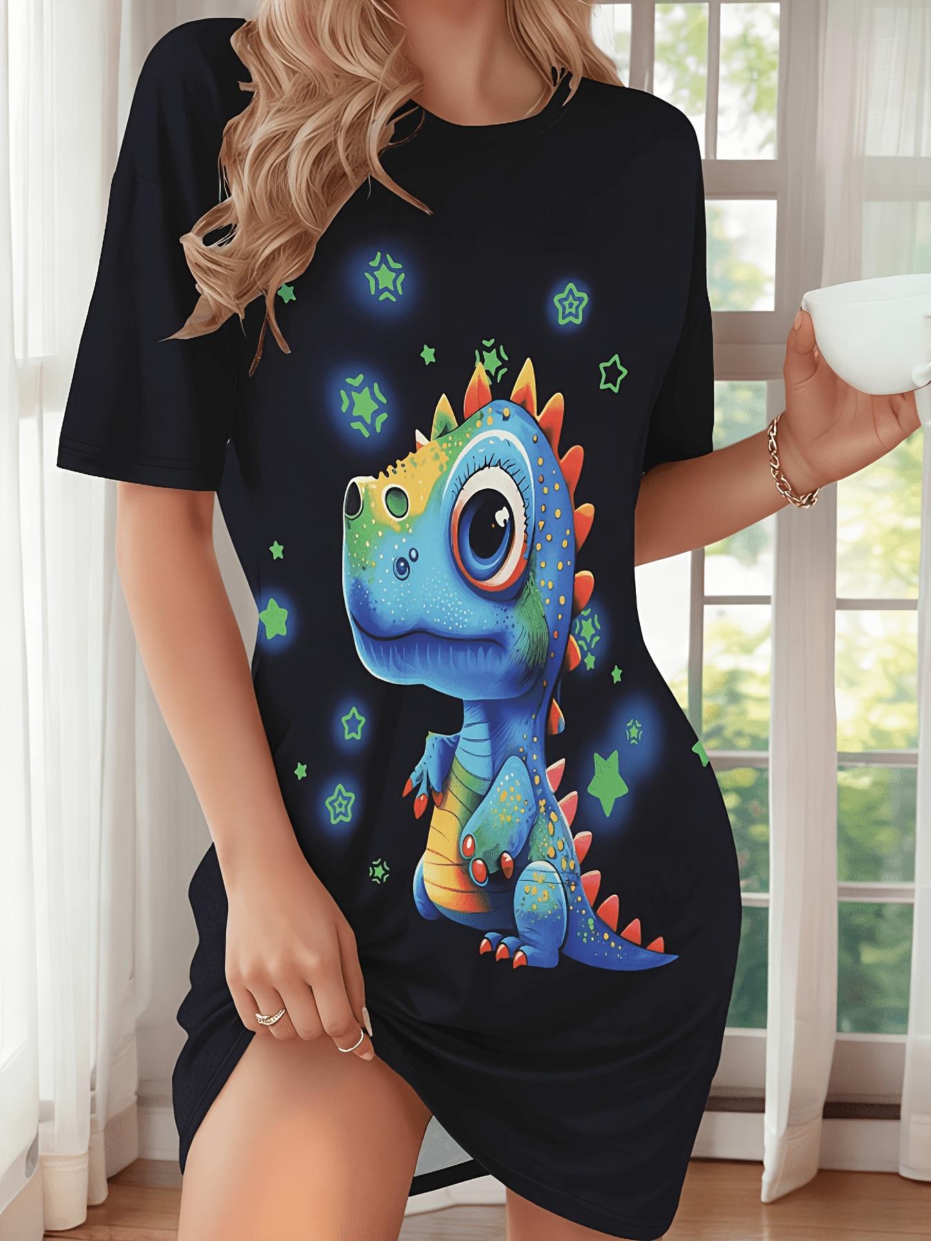 

New Women s Cute Dinosaur Print Pajamas. Comfortable Short Sleeve Round Neck T-Shirt Dress. All-Season Polyester Blend Sleepwear. Machine Washable. Id 5XL дубильна кора