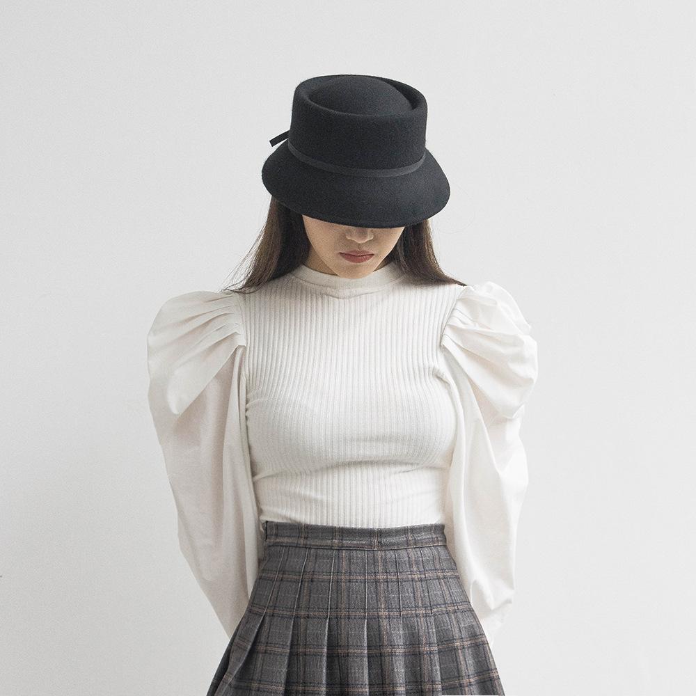Autumn and Winter New Fashion British Retro Tether Woolen Bucket Hat Outdoor Warm Concave Top Hat Trendy Hat