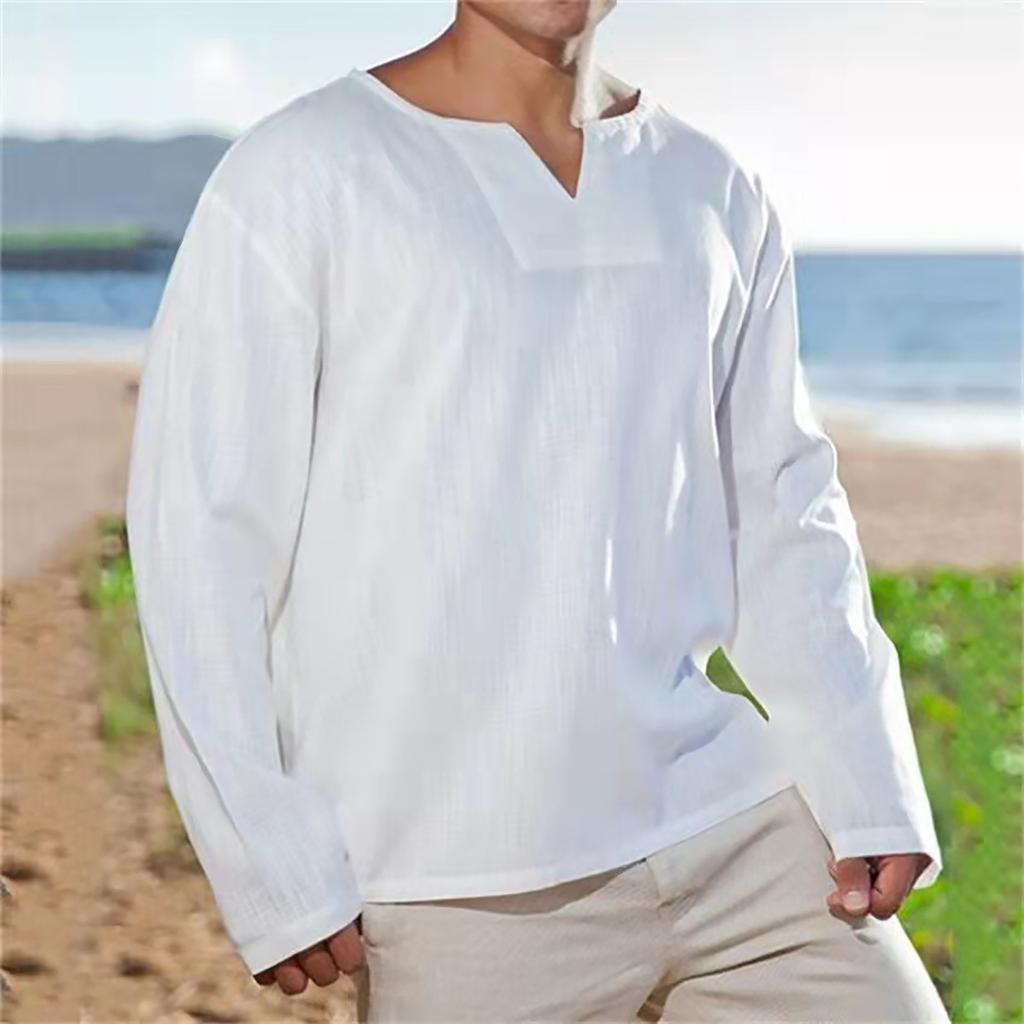 Men's Loose Casual Solid Color Long Sleeve Cotton Comfortable Soft V-Neck Top