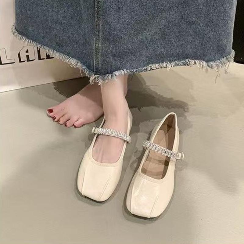 Casual Single Shoes Women's New Autumn Folds One-word Buckle Belt Doudou Shoes Versatile Square Head Flat Shoes