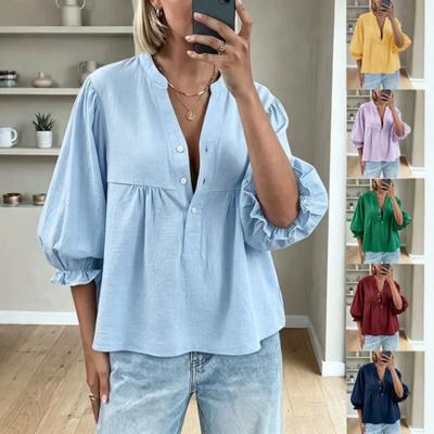 Women's Button Front Blouse Linen Cotton Blend Balloon Sleeves Puff Sleeve Top Casual Loose Fit Shirt