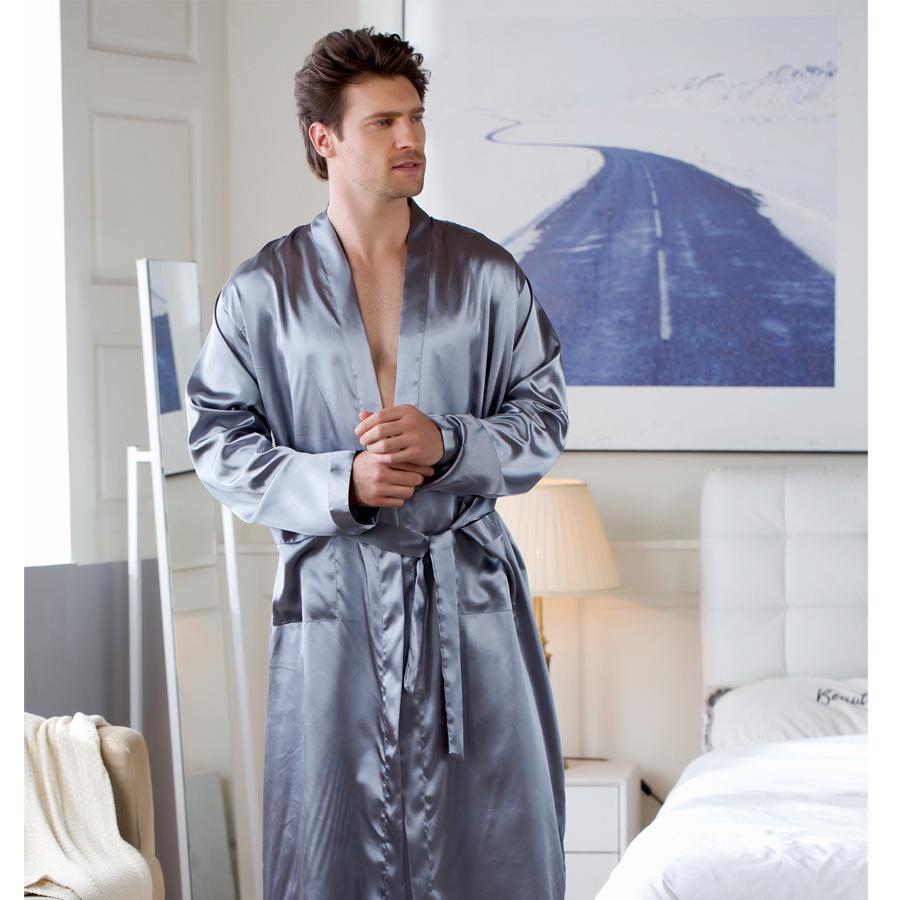 Men's Summer Lightweight European-Size Silk-Feel Mid-Length Cardigan Bathrobe Pajamas