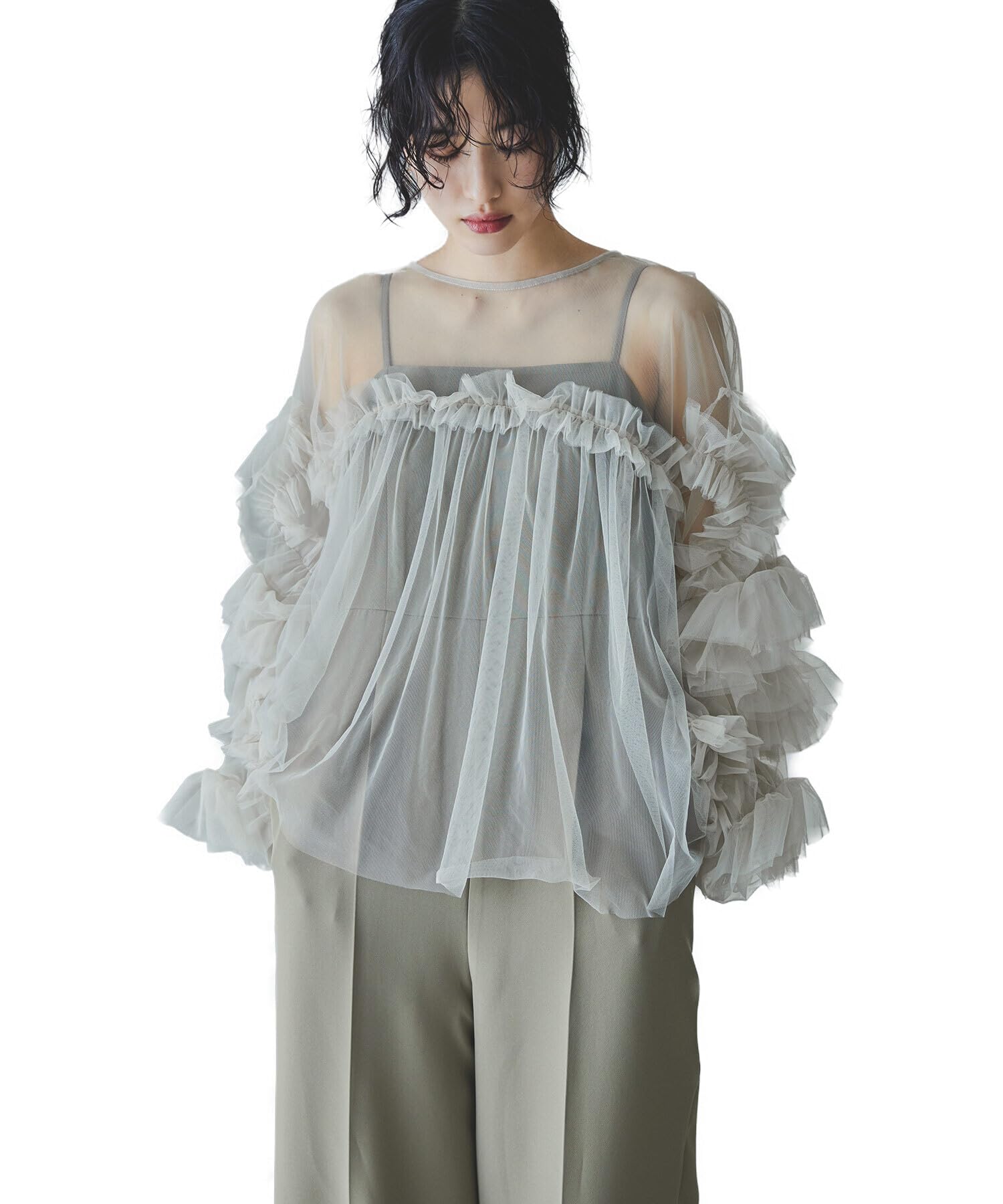 

niana Sheer Tulle Ruffle Blouse with Voluminous Layered Shirt Dot Perfect for and Formal Size F Women s Sleeves, Top, Pattern, Parties, Weddings,