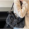 Vintage Washed Denim Tote Bag With Rivet Detail Retro American Style Large Capacity Shoulder Bag For Women Y2k Motorcycle Bag