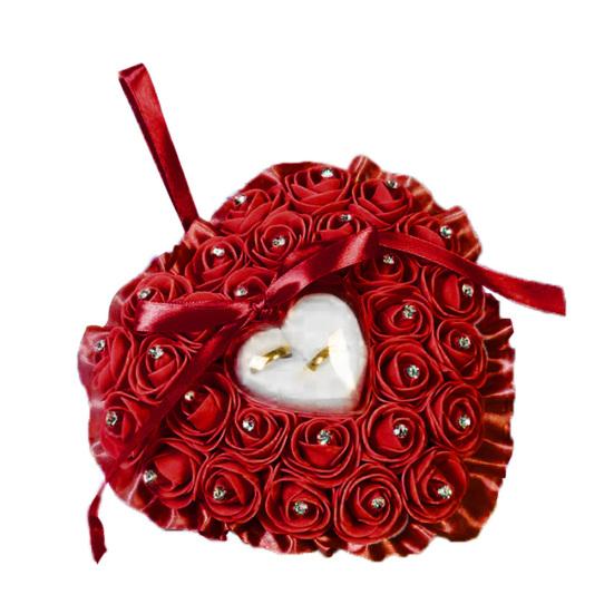 Boîte à bagues de mariage incrustée de Faux Rose en forme de cœur, support de rangement, coussin