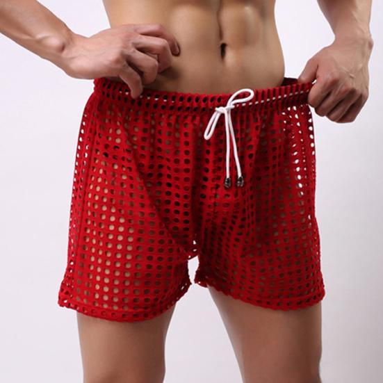Erotic Men Solid Color Mesh See Through Hollow Out Drawstring Shorts Beach Pants