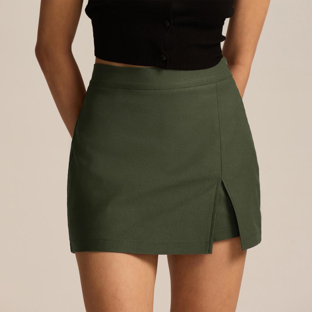 Women's Fashion Solid Color Hem Slit  Skirt Pants High Waisted Zipper Shorts