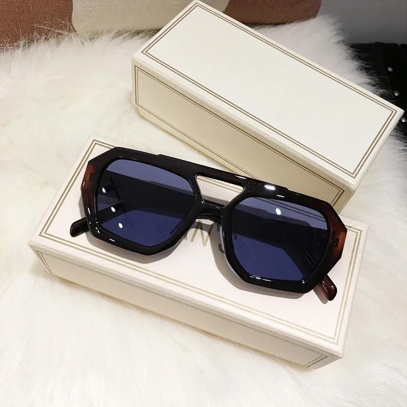 Retro Tortoiseshell Pilot Sunglasses Women Brand Designer Oversized Shades Eyewear Double Bridge Rectangle Men Sun Glassses