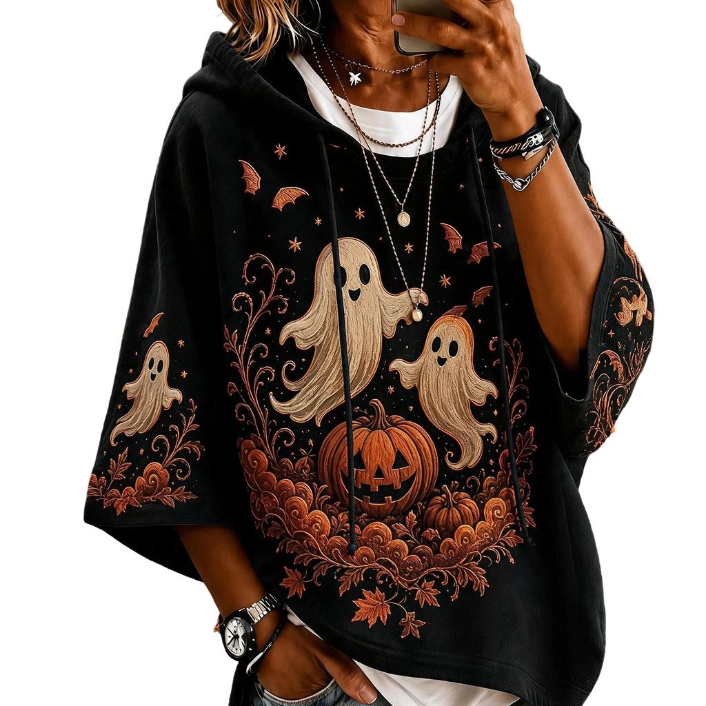 Damen Halloween Print Hoodie Oversized Lässiges Langarm-Oberteil