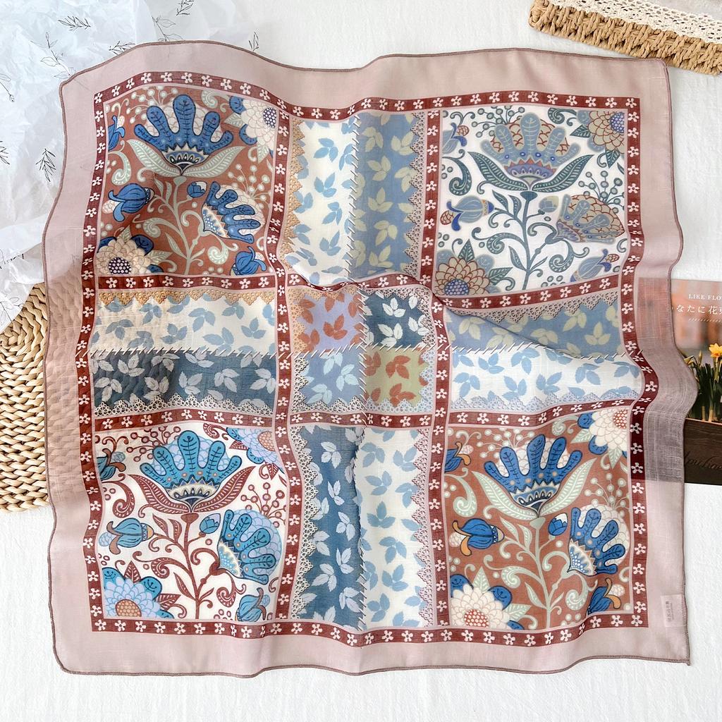 1116 Spring and Summer New Plant and Flower Printed Square Scarf Women's Versatile Temperament Decorative Scarf Multifunctional Small Silk Scarf