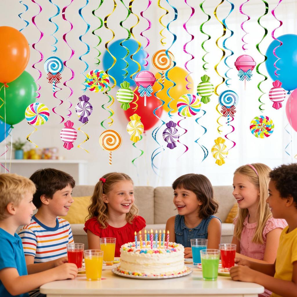 Colorful Spiral Lollipop Streamers 48PCS Candy Theme Party Decorations Ceiling Hanging Decor for Birthday Halloween Holiday Room
